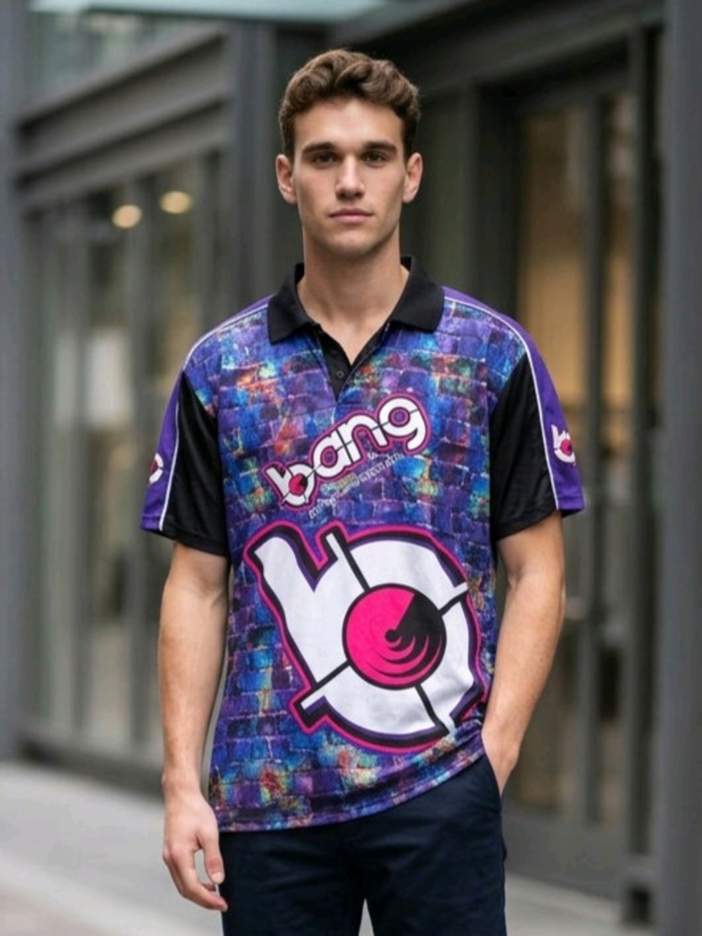 TNC Custom Apparel promo polo blue and purple brick print "Bang Energy" L EUC